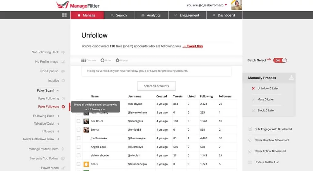 Manage Flitter Limpiar Seguidores