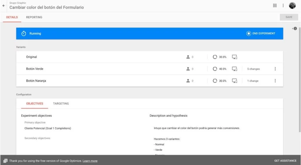 Detalles de un test en Google Optimize