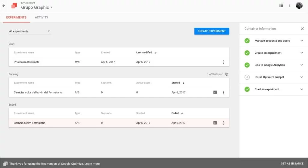Viendo tests en Google Optimize